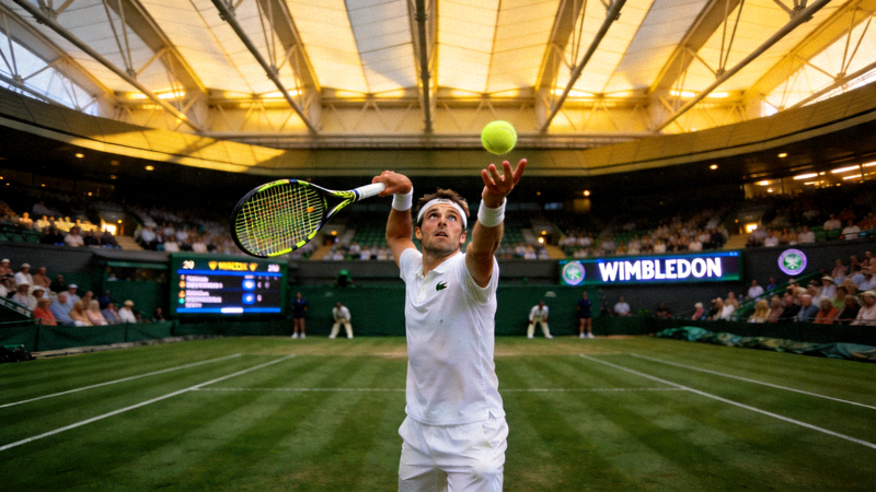 温布尔登网球锦标赛直播画面，选手发球瞬间