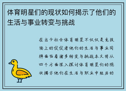 体育明星们的现状如何揭示了他们的生活与事业转变与挑战